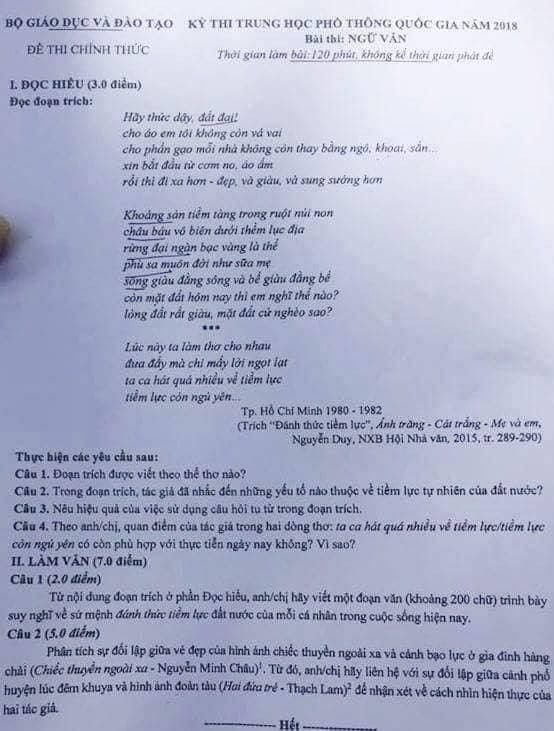 Kỳ thi THPT Quốc gia 2018: Gợi ý giải đề thi môn Ngữ Văn ảnh 1