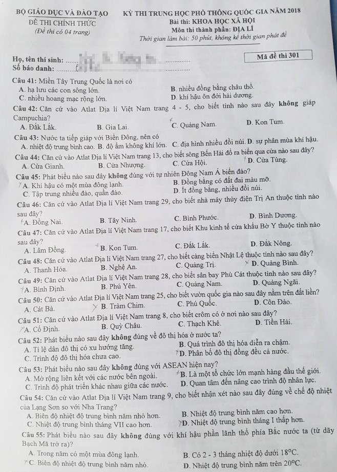 Gợi ý đáp án môn Địa lý kỳ thi THPT Quốc gia 2018 ảnh 4
