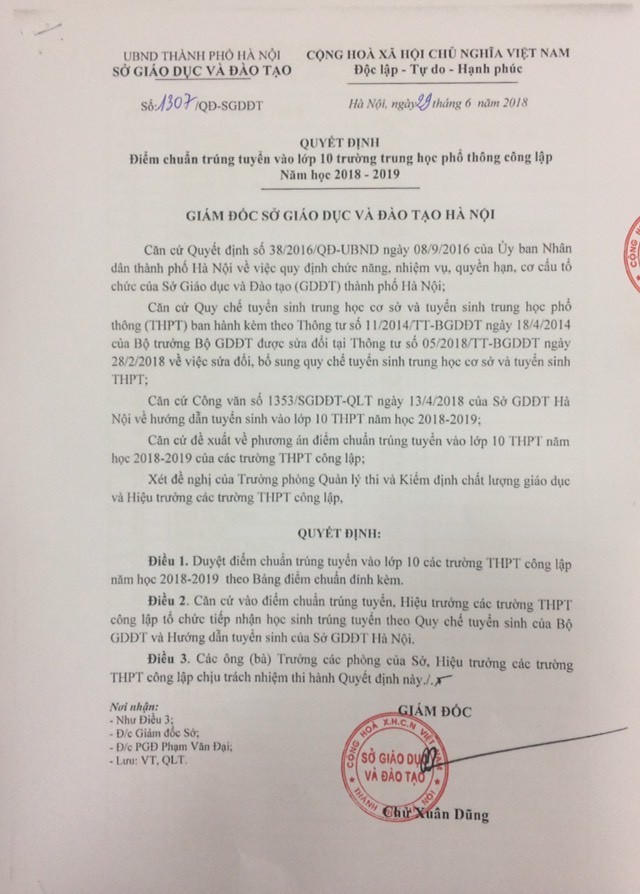 Hà Nội công bố điểm chuẩn trúng tuyển vào lớp 10 THPT công lập ảnh 1