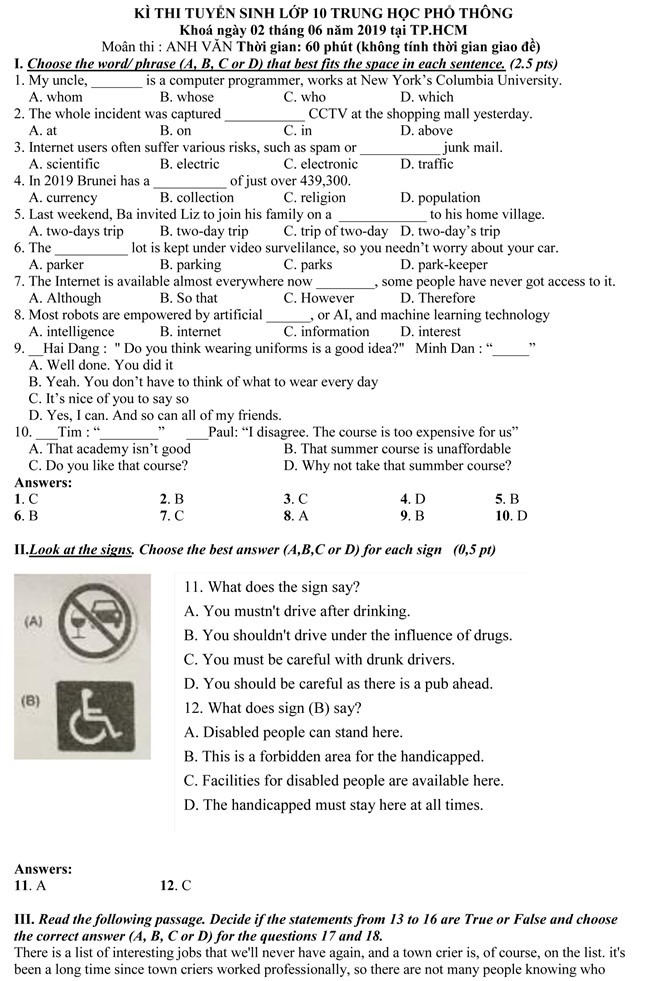 Đề thi và gợi ý đáp án môn Ngoại ngữ lớp 10 ở TP.HCM ảnh 1