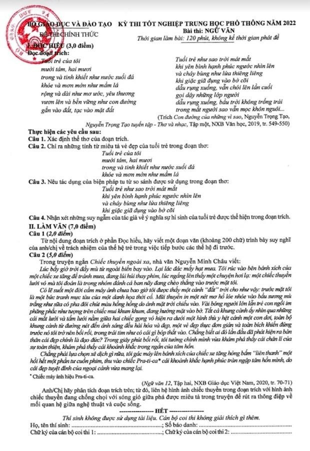 Bộ GD-ĐT công bố đáp án môn Ngữ văn Kỳ thi tốt nghiệp THPT 2022 ảnh 3