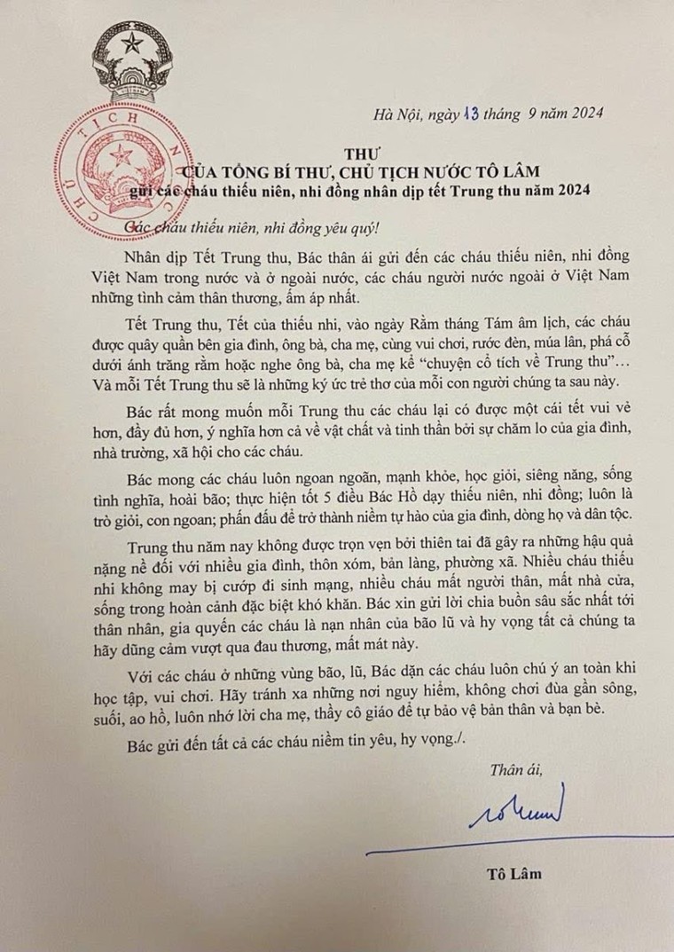 Tổng Bí thư, Chủ tịch nước Tô Lâm gửi thư chúc Tết Trung thu cho các cháu thiếu niên, nhi đồng ảnh 2