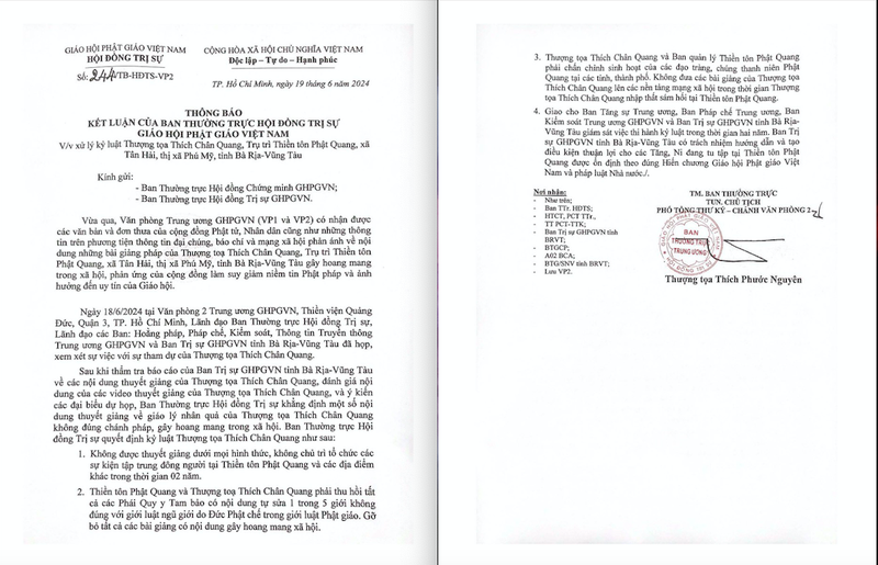 Trung ương GHPGVN kỷ luật Thượng toạ Thích Chân Quang - Trụ trì Thiền tôn Phật Quang ảnh 2