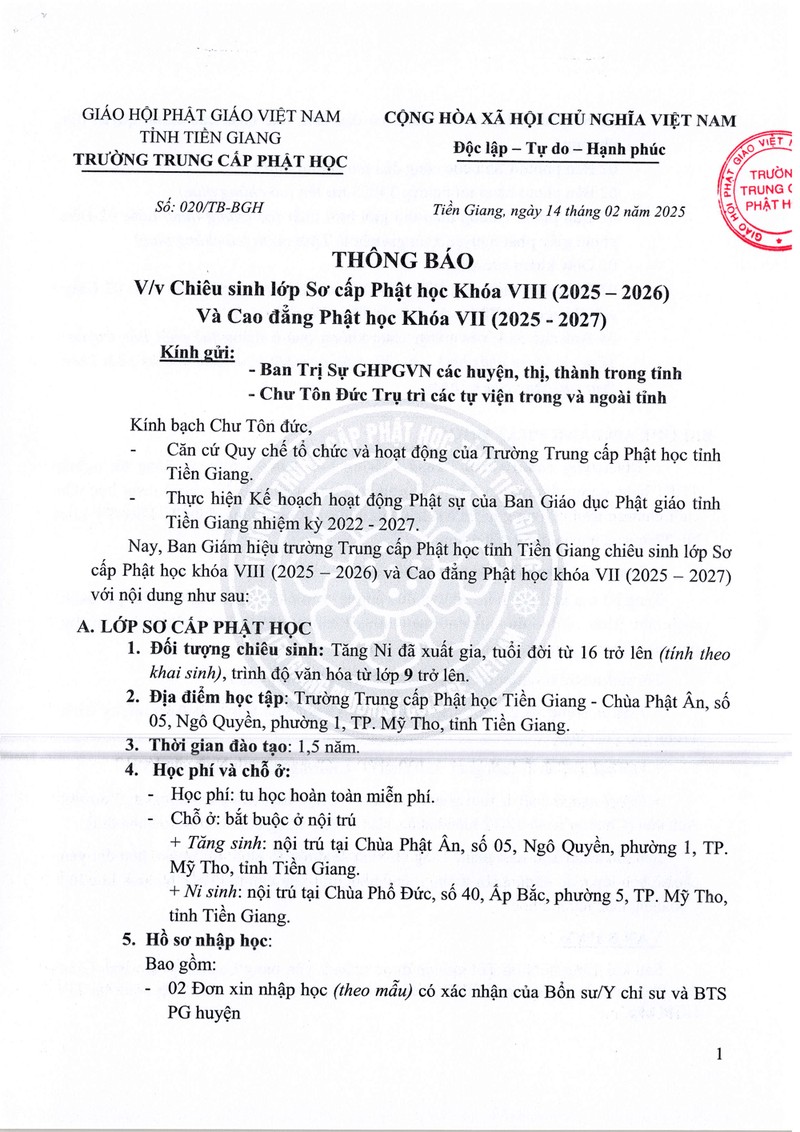 Tiền Giang: Chiêu sinh Sơ cấp Phật học Khóa VIII và Cao đẳng Phật học Khóa VII ảnh 1