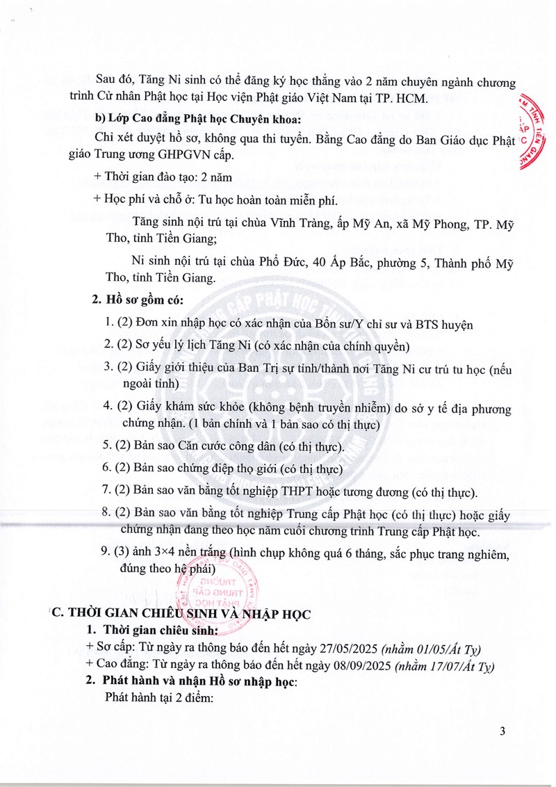 Tiền Giang: Chiêu sinh Sơ cấp Phật học Khóa VIII và Cao đẳng Phật học Khóa VII ảnh 3