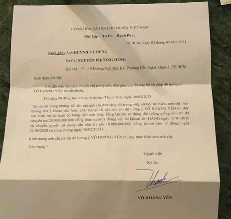 Ông Võ Hoàng Yên xin trả lại tiền cho vợ chồng doanh nhân Dũng ‘lò vôi’? ảnh 1