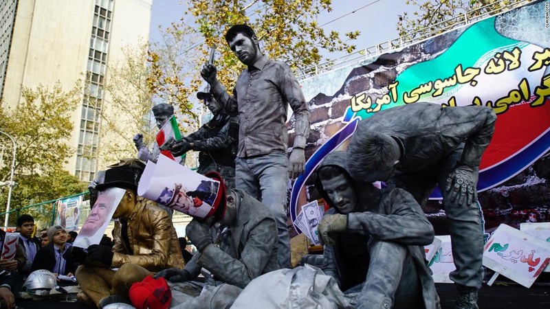 Young protesters re-enact the taking of 54 American hostages in 1979.