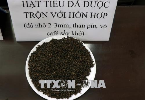 Hạt tiêu sau khi được trộn với hỗn hợp đá nhỏ 2 - 3mm, than pin, vỏ cà phê sấy khô. Ảnh: Hưng Thịnh/TTXVN