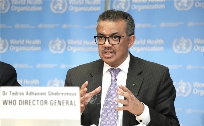 Tổng Giám đốc WHO Tedros Adhanom Ghebreyesus phát biểu tại cuộc họp báo ở Geneva, Thụy Sĩ ngày 9/3/2020. Ảnh: THX/TTXVN