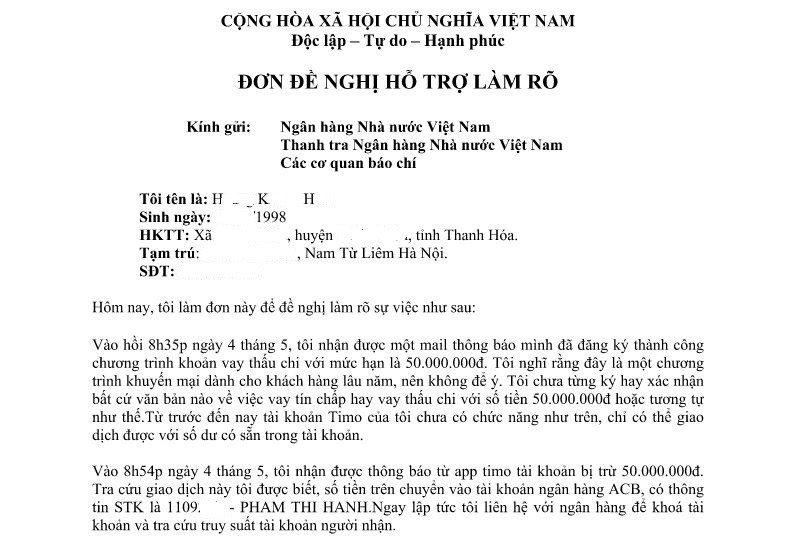 Bạn đọc H.K.H. phản ánh về việc bất ngờ ôm gói vay 50 triệu đồng.