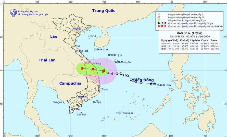 Dự báo hướng đi của bão số 6. Ảnh: KTTV