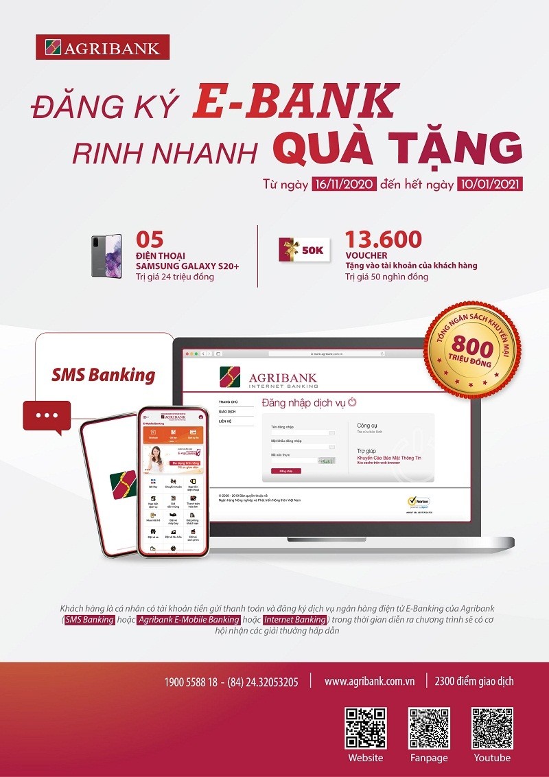 Agribank triển khai chương trình khuyến mại “Đăng ký E-Bank – rinh nhanh quà tặng”.