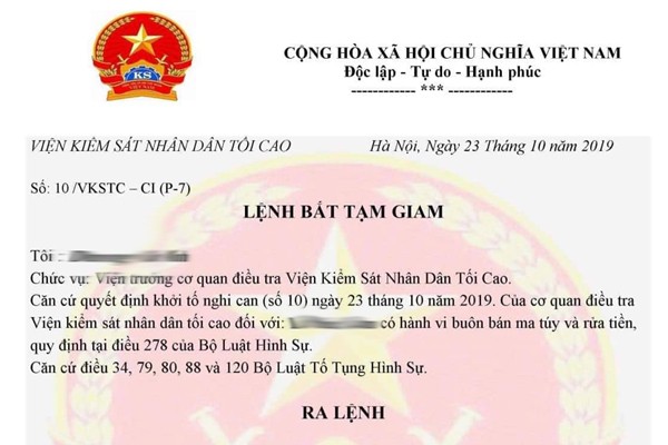 Một tờ "Lệnh bắt tạm giam" giả. Đây là công cụ mà nhiều kẻ xấu sử dụng vào mục đích dạo nạt nạn nhân để lừa đảo.