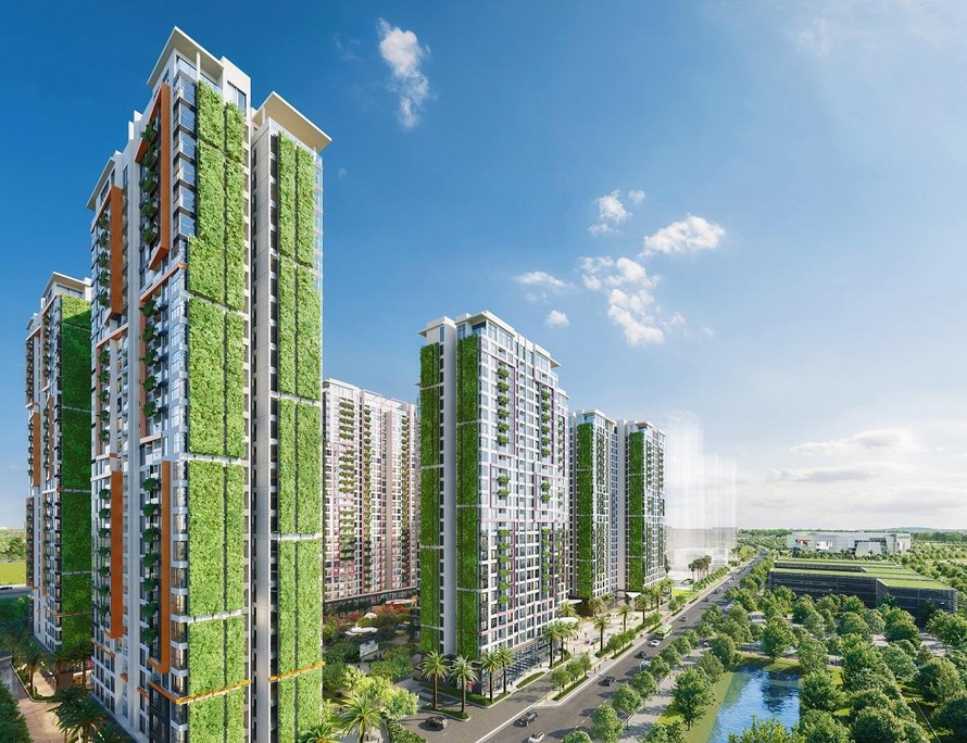 Sắc xanh phủ kín các toà tháp LUMIÈRE Boulevard tại Vinhomes Grand Park.