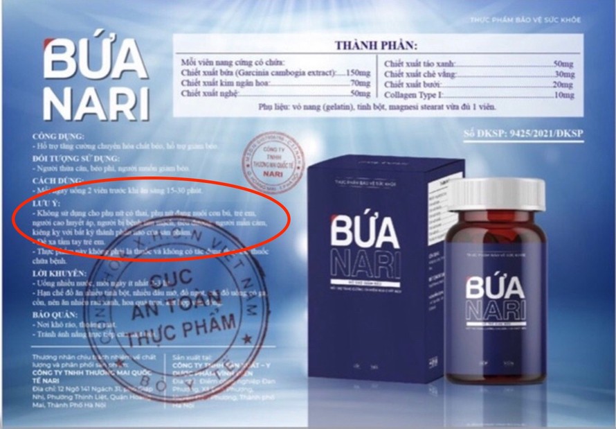 Theo nội dung quảng cáo đã được cấp phép, trên nhãn sản phẩm Bứa Nari phải thể hiện dòng chữ “Lưu ý: Không sử dụng cho phụ nữ có thai, phụ nữ đang nuôi con bú, trẻ em, người cao huyết áp…”.