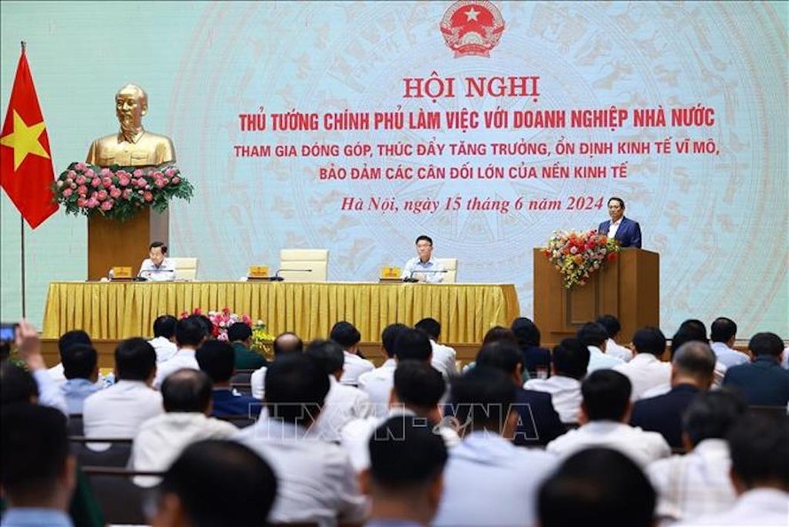 Thủ tướng Phạm Minh Chính phát biểu tại Hội nghị Thủ tướng Chính phủ làm việc với doanh nghiệp nhà nước. 