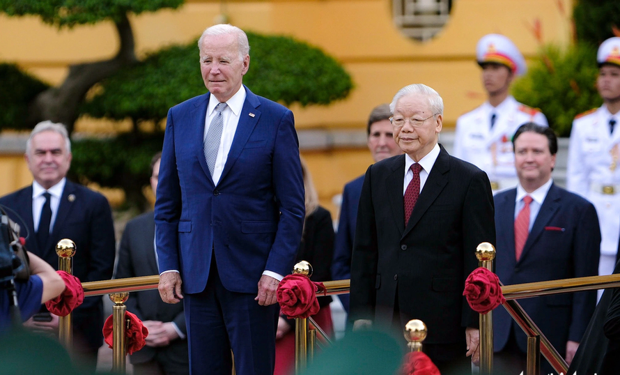 Tổng bí thư Nguyễn Phú Trọng chủ trì lễ đón chính thức Tổng thống Hoa Kỳ Joe Biden thă tại Phủ Chủ tịch (ngày 10/9/2023).