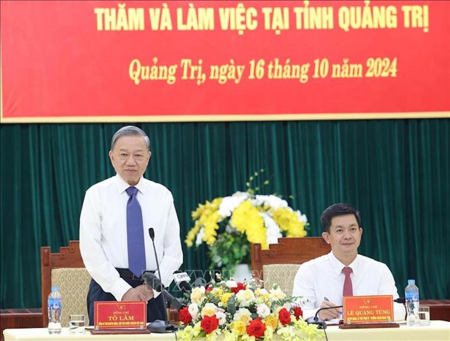 Tổng Bí thư, Chủ tịch nước Tô Lâm phát biểu tại buổi làm việc với Ban Thường vụ Tỉnh uỷ Quảng Trị. 