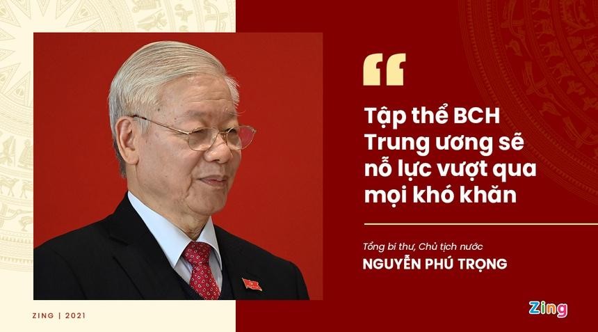 Thay mặt Ban Chấp hành Trung ương khoá XIII phát biểu ra mắt Đại hội XIII sáng 1/2, Tổng bí thư, Chủ tịch nước Nguyễn Phú Trọng cảm ơn các đại biểu đã tin cậy, tín nhiệm. Trước đại hội, ông hứa: Tập thể Ban Chấp hành Trung ương khóa XIII sẽ hết sức cố gắng, ra sức phấn đấu, nỗ lực vượt qua mọi khó khăn để hoàn thành nhiệm vụ. (Ảnh: Zing)