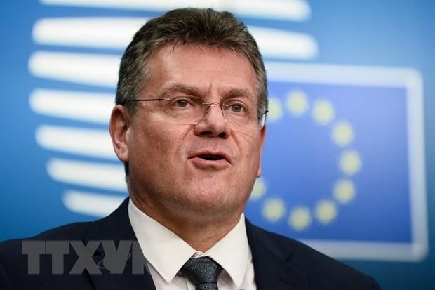 Phó Chủ tịch EC Maros Sefcovic phát biểu tại cuộc họp báo ở Brussels, Bỉ ngày 18/1/2021. (Ảnh: AFP/TTXVN)