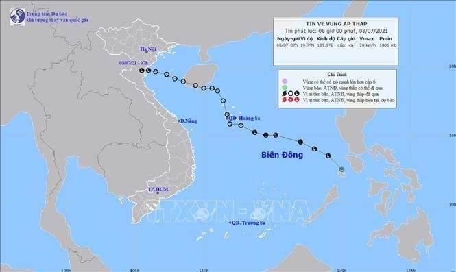 Bản đồ đường đi của vùng áp thấp. Ảnh: TTXVN 