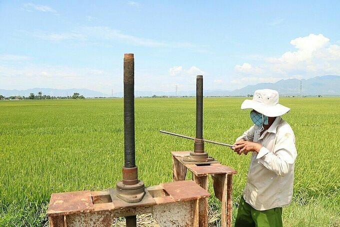 Ông Cấm xả van ở mương thủy lơi để dẫn nước vào đầy các thửa ruộng, ngày 12/8. Ảnh: Đức Huynh