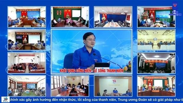 Đối thoại trực tiếp và trực tuyến giữa Bí thư thứ nhất Trung ương Đoàn với đoàn viên, thanh thiếu nhi năm 2022. (Ảnh: Minh Đức/TTXVN) 