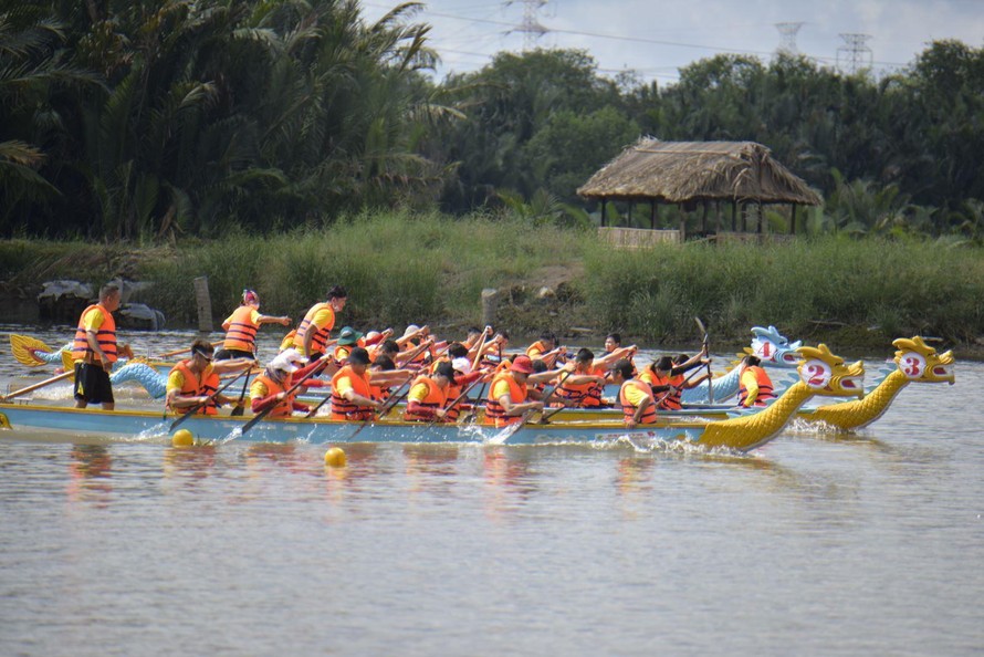 Các đội thi đấu ở nội dung thuyền 10 tay chèo nam, thuyền 10 tay chèo nữ, thuyền 10 tay chèo nam nữ phối hợp, thuyền 20 tay chèo nam, thuyền 20 tay chèo nam nữ phối hợp. (Ảnh: TTXVN)