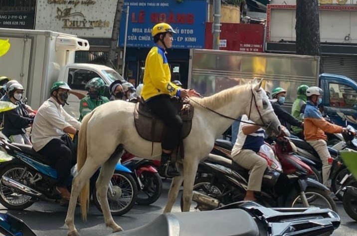 Người đàn ông cưỡi ngựa đi vào làn đường xe cơ giới vào chiều ngày 14/2. Ảnh: PC08