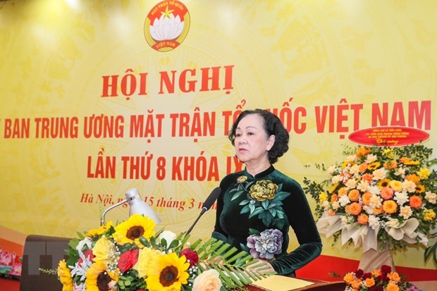 Bà Trương Thị Mai, Ủy viên Bộ Chính trị, Thường trực Ban Bí thư, Trưởng Ban Tổ chức Trung ương phát biểu. (Ảnh: TTXVN)