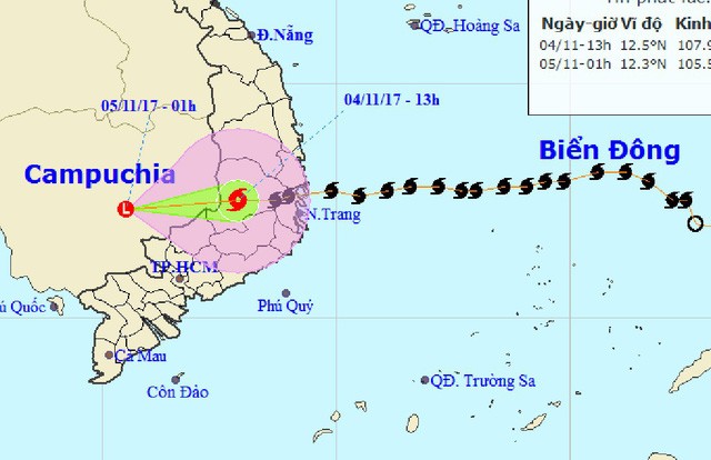 Vị trí tâm bão lúc 13h đang ở khu vực Nam Tây Nguyên - Ảnh: Trung tâm Khí tượng thủy văn Trung ương