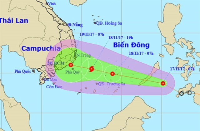 Dự báo đường đi và khu vực ảnh hưởng của áp thấp nhiệt đới. Ảnh:NCHMF