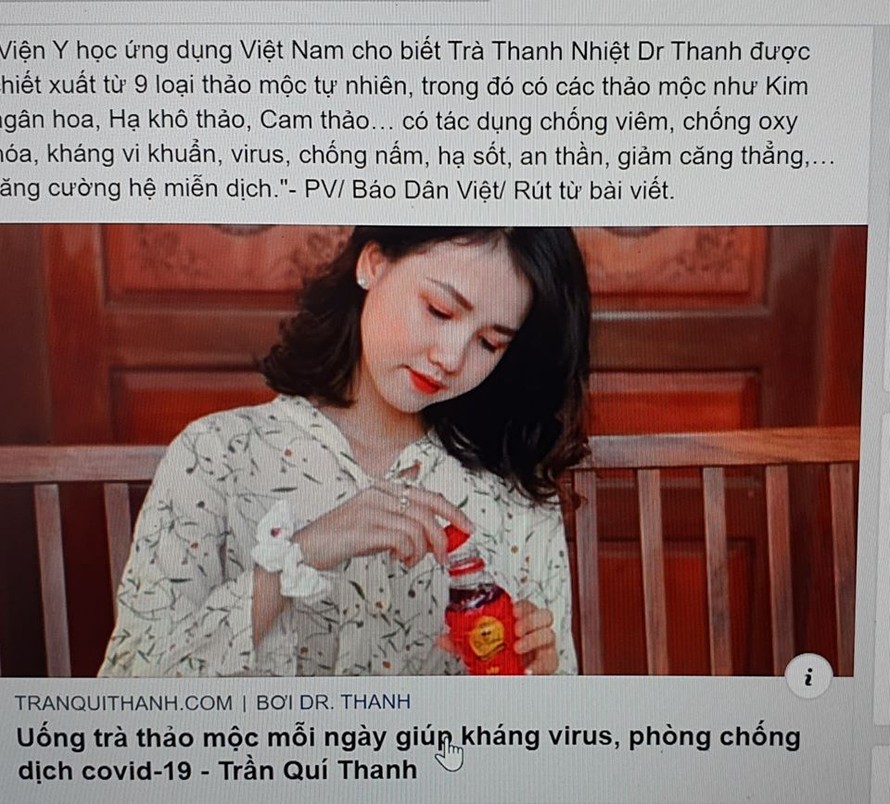 Cần cẩn trọng với thông tin trà thanh nhiệt Dr. Thanh có tác dụng dự phòng, hỗ trợ điều trị Covid-19 