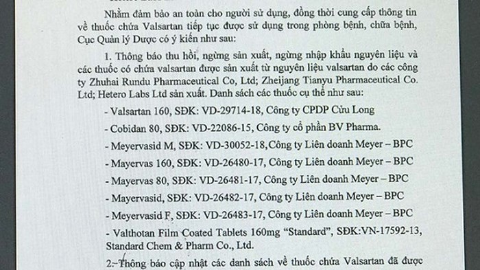 Danh sách 8 loại thuốc chứa Valsartan được Cục Quản lý dược thông báo thu hồi