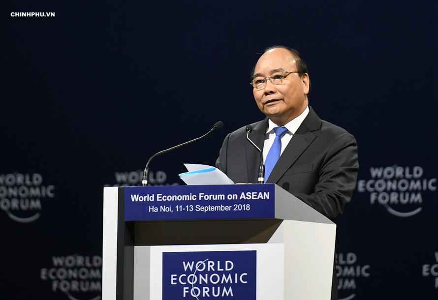 Thủ tướng Nguyễn Xuân Phúc phát biểu tại Hội nghị WEF ASEAN 2018. Ảnh: VGP.