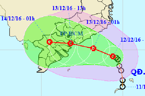 Hướng đi của áp thấp nhiệt đới theo dự báo của Trung tâm dự báo khí tượng thủy văn Trung ương. Ảnh: NCHMF