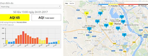  Chỉ số AQI thể hiện theo giờ trên Cổng thông tin của Hà Nội.