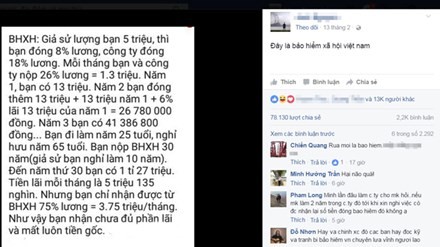 Cách tính BHXH đang lan truyền trên mạng và nhận hàng chục ngàn lượt like, chia sẻ, bình luận. Ảnh chụp Facebook. 