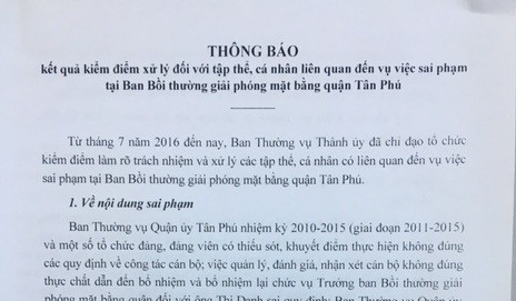 Thông báo kỷ luật của Ban kiểm tra Thành ủy TP.HCM. Ảnh: C.T.V.