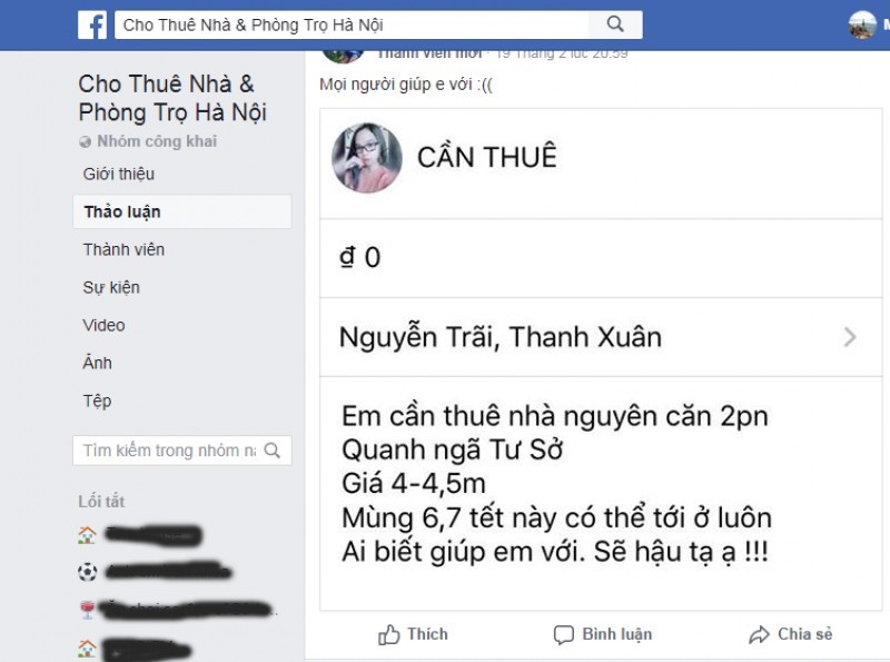 Nhiều người đăng tin tìm thuê trọ trên mạng xã hội Facebook