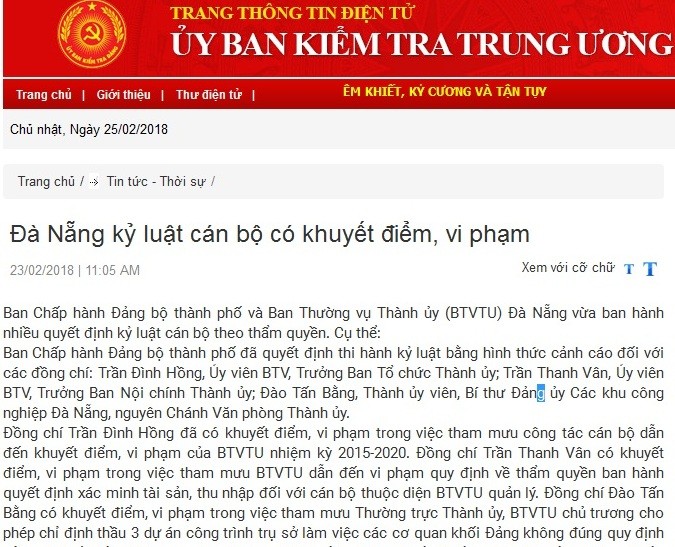  Đà Nẵng kỷ luật nhiều cán bộ chủ chốt