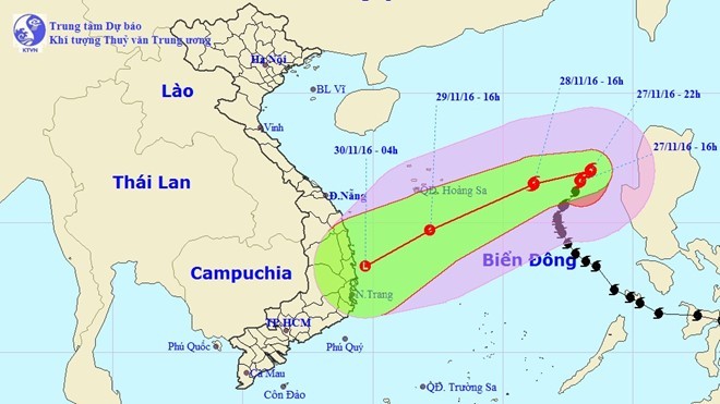 Vị trí hiện tại và hướng di chuyển của bão số 9. Ảnh: NCHMF. 