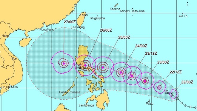 Hướng di chuyển của bão Nock-ten từ ngày 22 đến 27/12. Ảnh: Trang dự báo của Hải quân Mỹ.