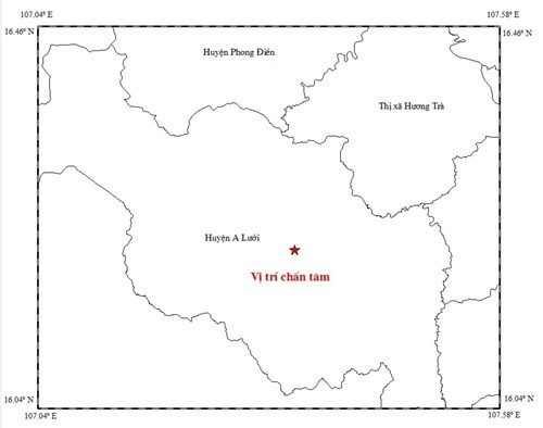 Tâm chấn trận động đất đầu tiên có cường độ 3,5 độ richter ở huyện A Lưới, Thừa Thiên Huế chiều qua.