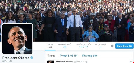 Tài khoản Twitter của Tổng thống Mỹ Barack Obama cho tới nay có 13,7 triệu người theo dõi. (Ảnh chụp trên Twitter)