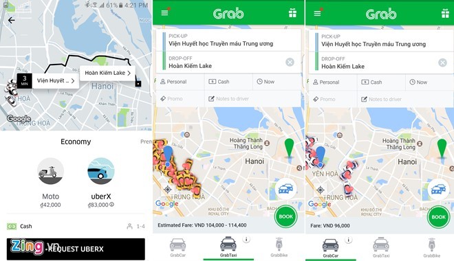 Chênh lệch giá của Uber và Grab trên cùng một quãng đường.