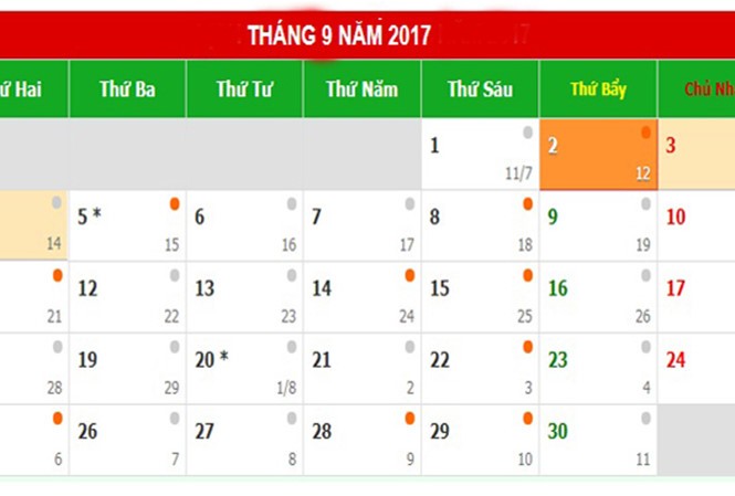 Lịch nghỉ dịp Quốc khánh 2/9 năm 2017.