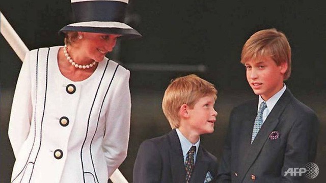 Công nương Diana và hai con trai là Hoàng tử Harry (giữa) và Hoàng tử William tham dự một sự kiện tại London, Anh năm 1995. (Ảnh: AFP)