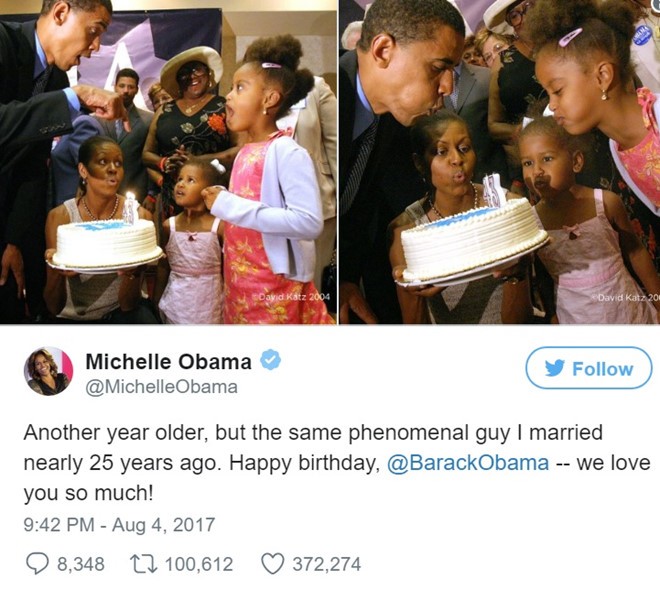 Bà Michelle Obama gửi lời chúc sinh nhật cho chồng ngày 4/8. Ảnh chụp màn hình.