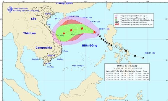 Đường đi của cơn bão số 13. Ảnh: TTKTTVTW